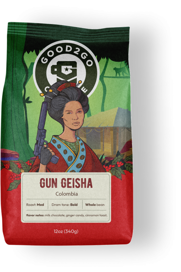A coffee bag featuring a "Gun Geisha" design with a geisha holding a gun, under the brand "GOOD2GO Coffee". The label specifies Colombia origin, medium roast, bold dram tone, whole bean, and flavor notes of milk chocolate, ginger candy, and cinnamon toast. The bag weighs 12oz (340g).