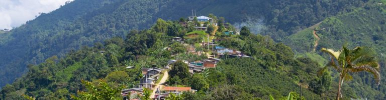 A lush green mountain village with scattered houses climbs the hillside, featuring dense forests, a palm tree, and a winding dirt road.