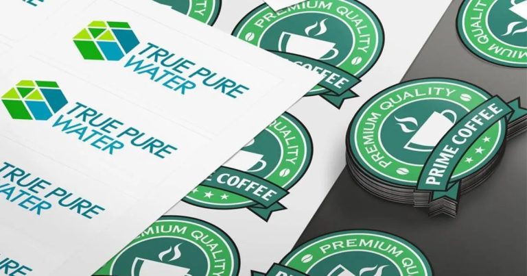 The image shows a close-up of stickers with logos: "True Pure Water" (left) and "Prime Coffee" (right). The coffee stickers are round with a green background and white coffee cup image.