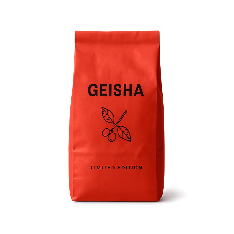A red coffee bag with "GEISHA" and "LIMITED EDITION" printed in black, featuring a line drawing of a coffee branch.