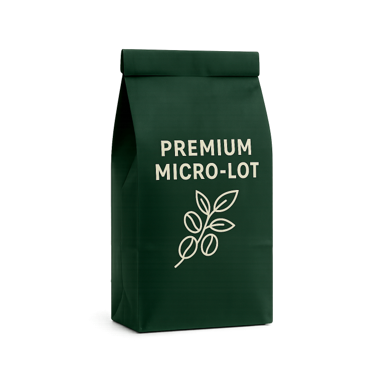 A dark green bag with "PREMIUM MICRO-LOT" and a stylized coffee branch printed on it sits against a matching green background.