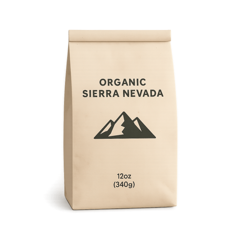 A beige bag of "Organic Sierra Nevada" coffee with a mountain logo and weight of "12oz (340g)" is displayed against a green background.