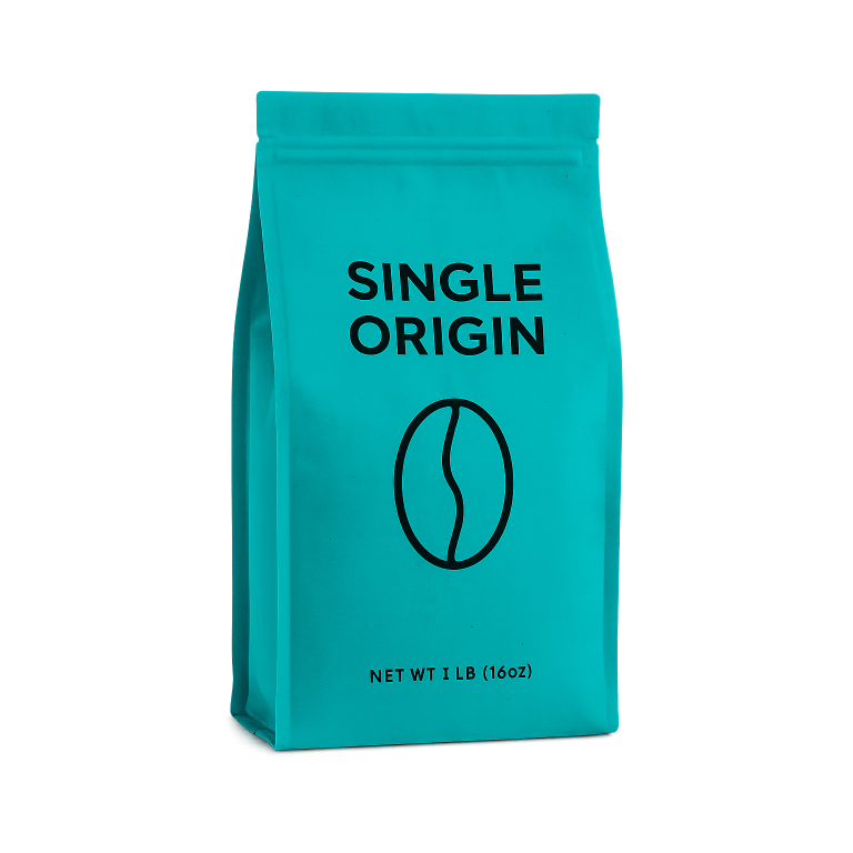 A teal bag of "SINGLE ORIGIN" coffee with a black coffee bean logo and net weight information is pictured against a green background.